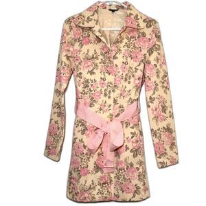 Zinc Floral Belted Trench Coat Jacket M Pink Cream Cotton Stretch Cottagecore